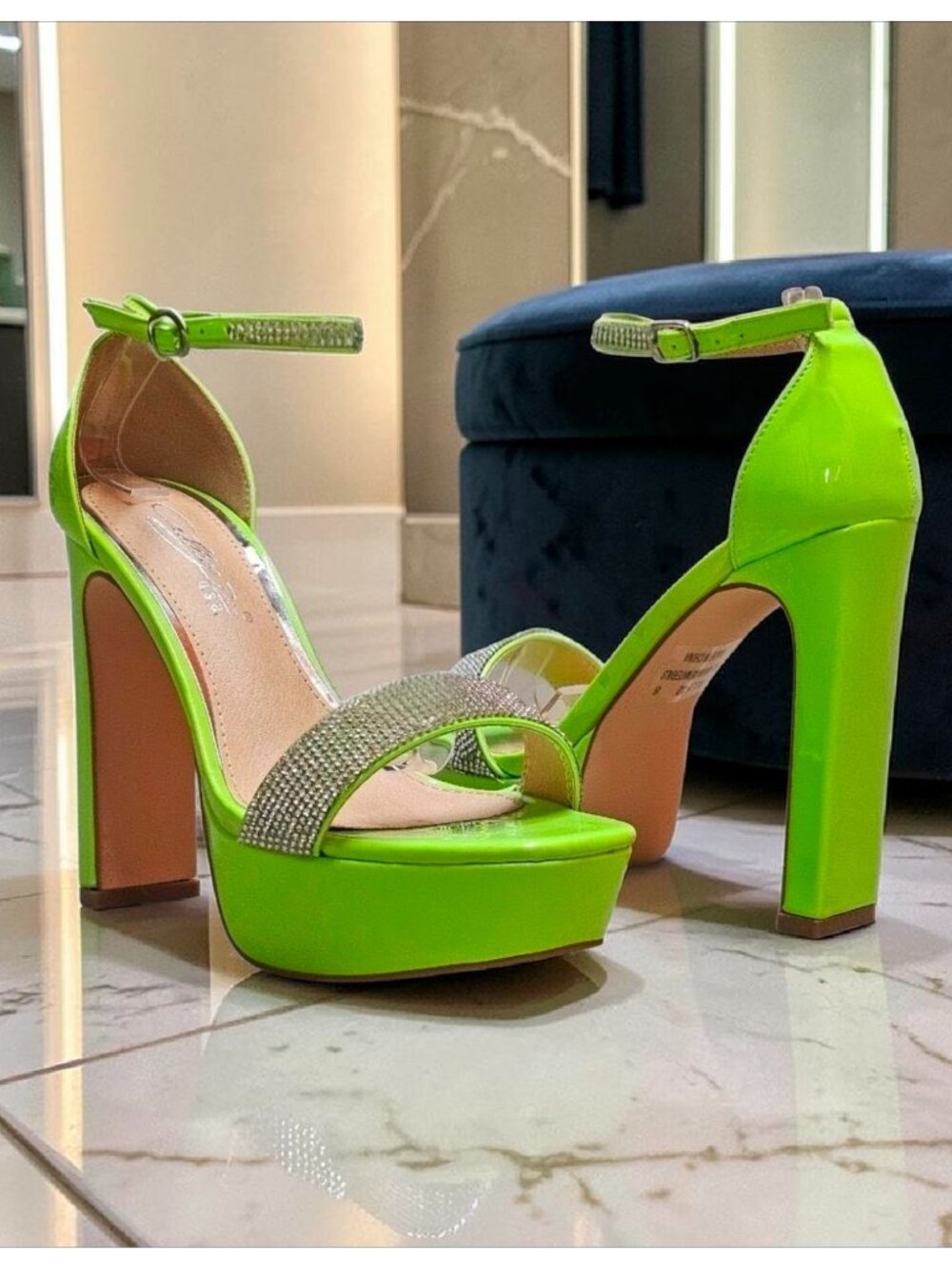 Neon Green Rhinestone Platform High Heel Sandals With Clear Ankle Strap Square T